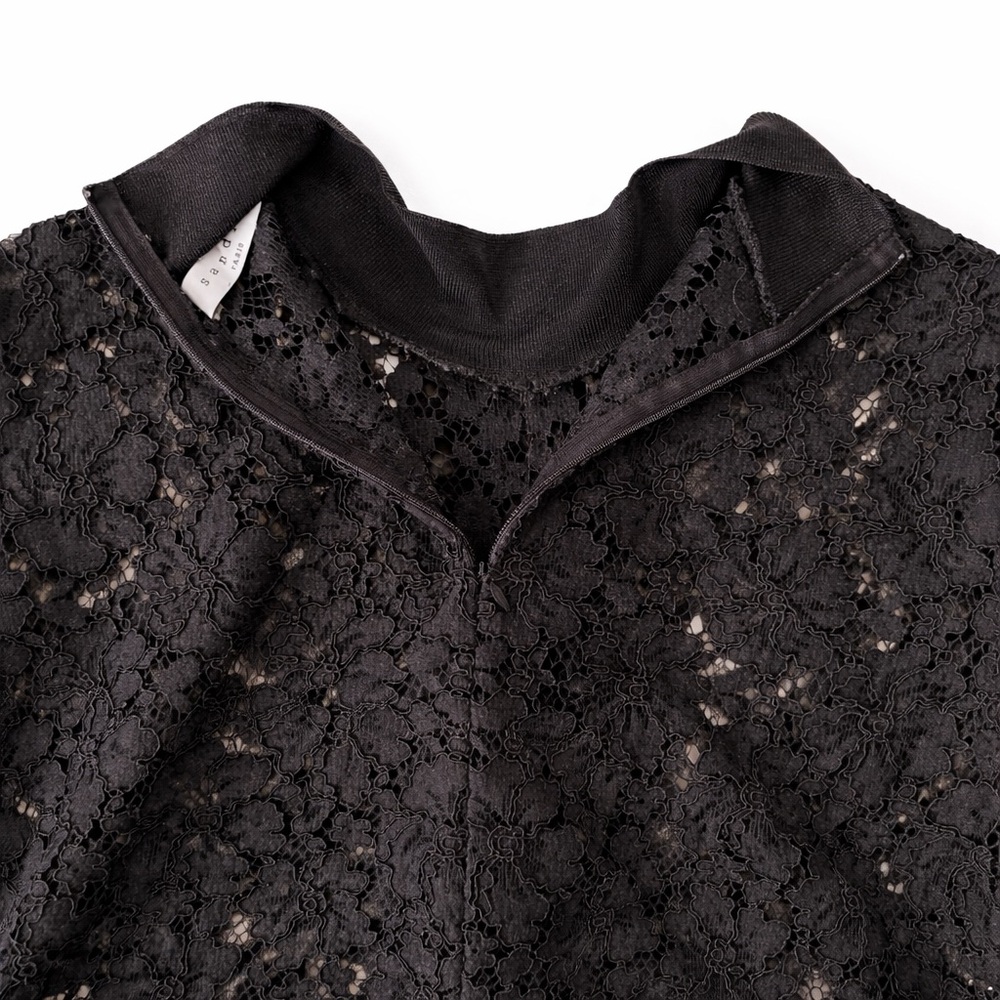 Sandro Black Sheer Floral Lace Ruffle-Front Mock Neck Long Sleeve Blouse 2/US M - Picture 9 of 12